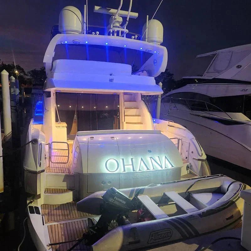 Luxury Yacht Lettering Signs – Mirror Chrome Finishes with Elegant White Backlit Glow | BacklitLEDSign - BacklitLEDsign