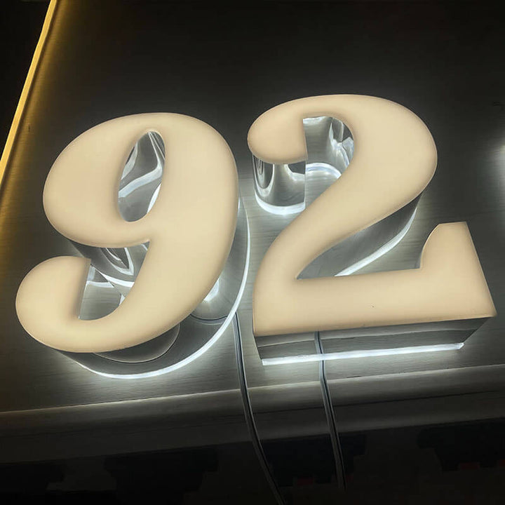 Modern Brushed Nickel Illuminated House Numbers – Dual - Sided LED Light, Weatherproof for Outdoor Visibility - BacklitLEDsign