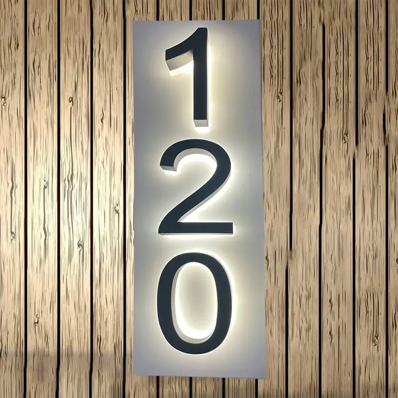 Modern Illuminated House Number Vertical with Backplate 3D Metal LED Address Sign Outdoor Lighted Address Numbers Backlit Sign Panels - BacklitLEDsign